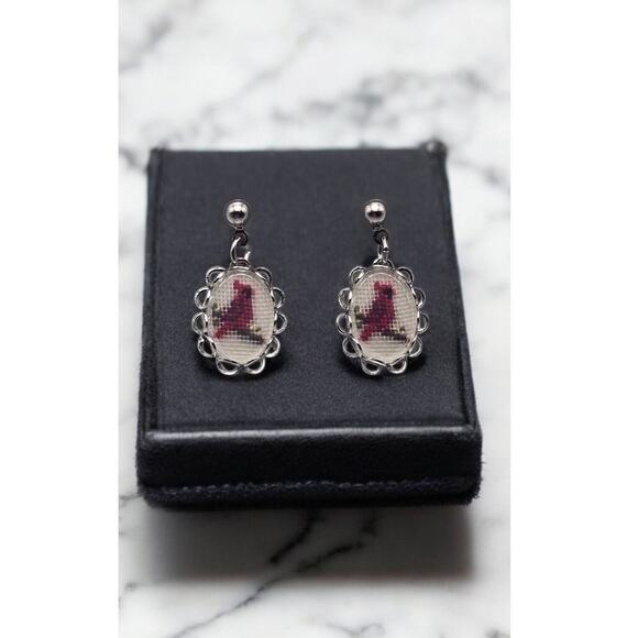 Vintage Red Cardinal Cross-Stitch Stud Dangle Earrings in Floral Frame - Picture 1 of 6